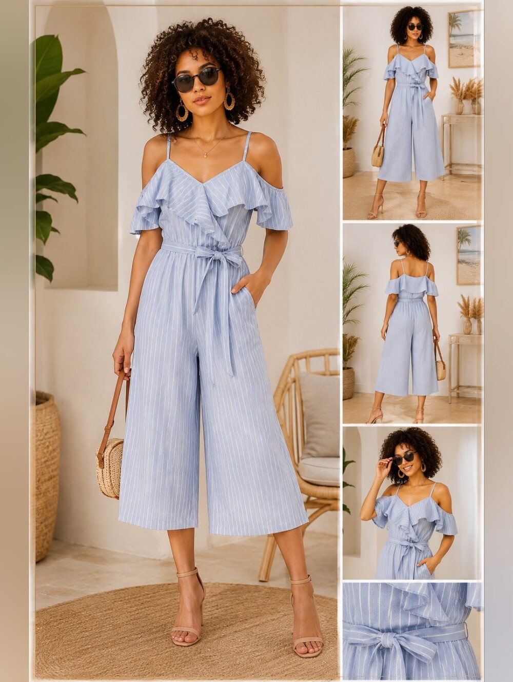 UMGEE Blue & White Striped Cold-Shoulder Ruffle Jumpsuit | Vacation Ready